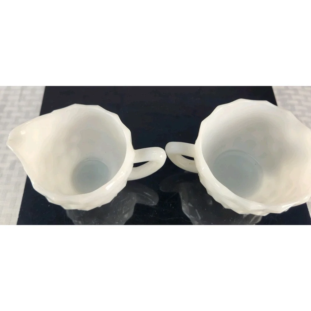 Vintage Milk Glass Sugar Bowl & Creamer with Block / Basket Weave Design